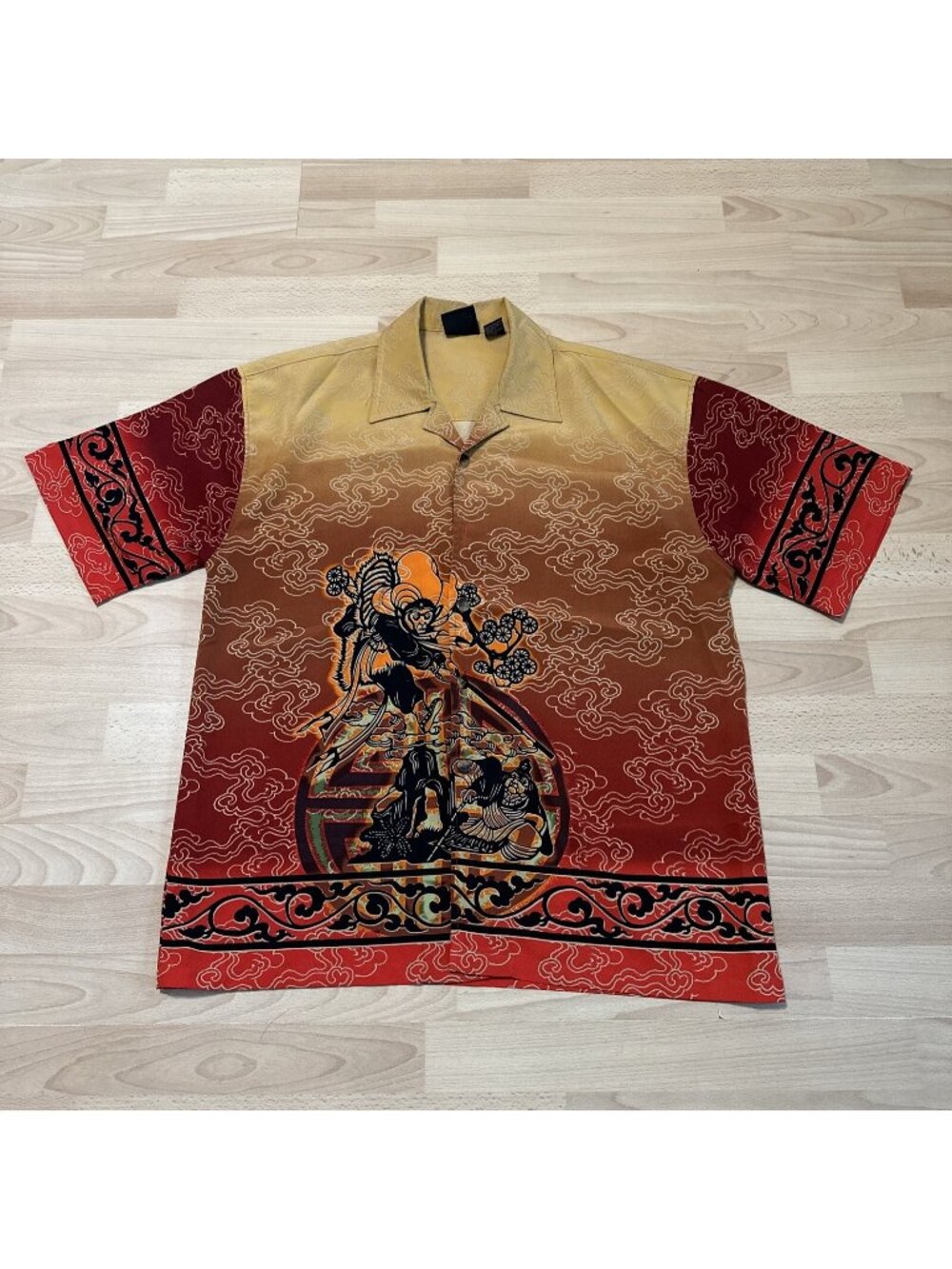 Vintage 7 Diamonds Hawaiian Chinese Monkey All Over Print Shirt Red Men's Large